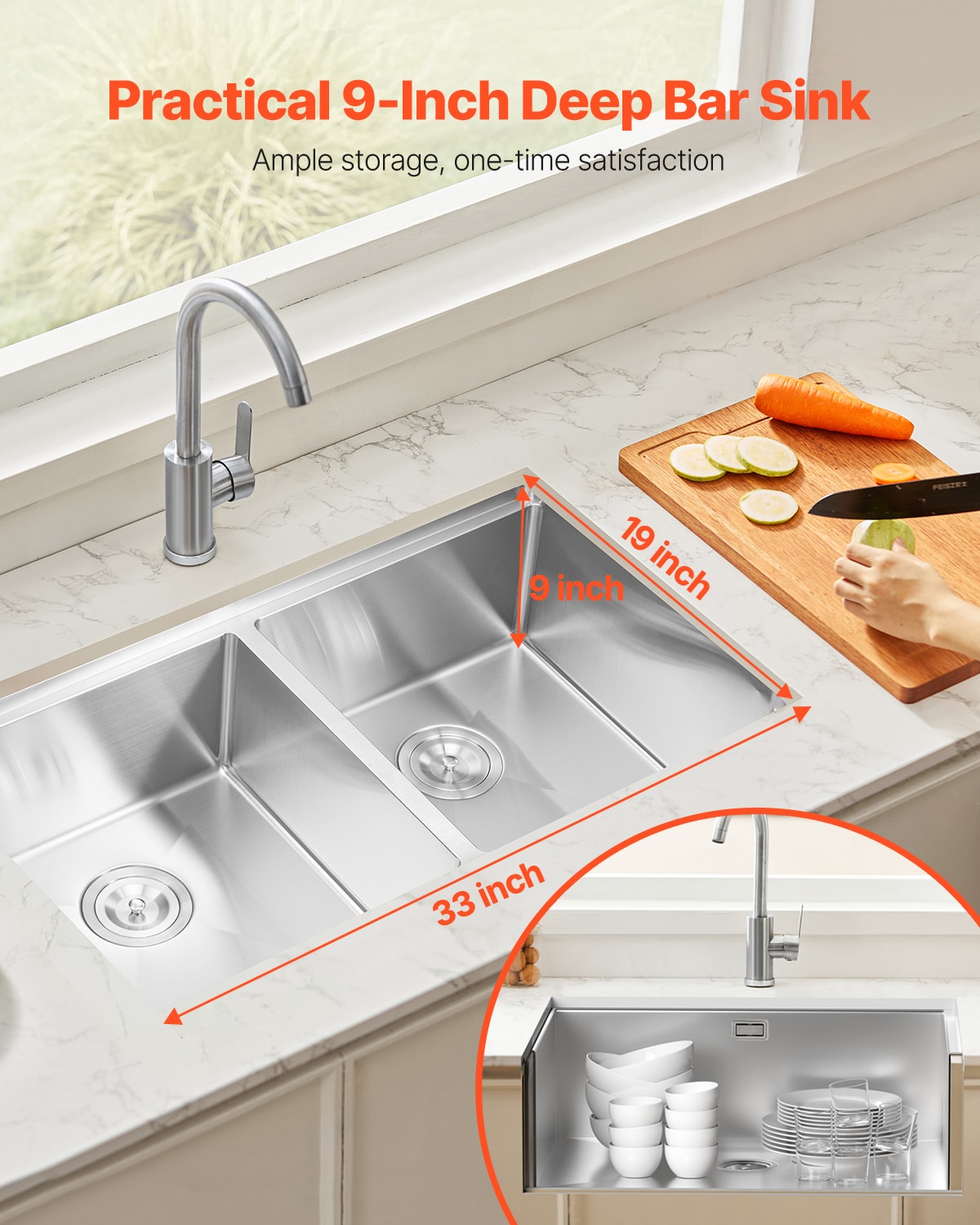 33" Kitchen Sink Undermount Double Bowl Drop-In Basin Stainless Steel Bar_voghion.com